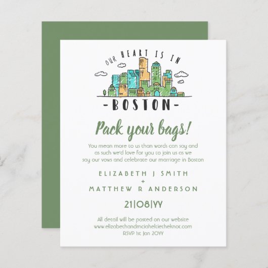 BOSTON Wedding Handgetekende Skyline Modern Uitnod (Voorkant / Achterkant)