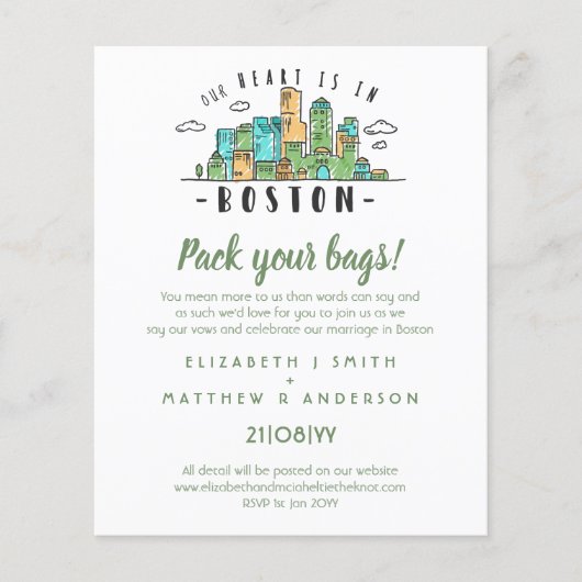 BOSTON Wedding Handgetekende Skyline Modern Uitnod (Voorkant)