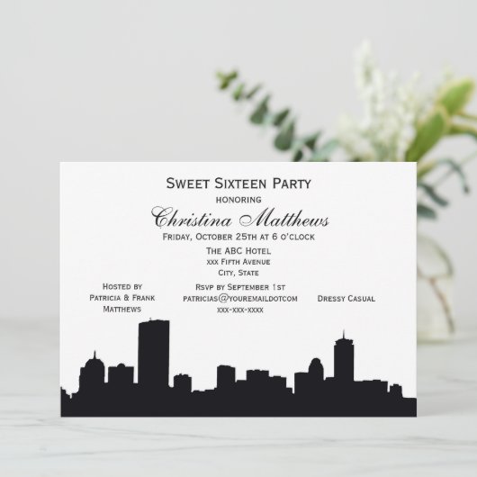 Boston Zwarte Silhouet Zoete 16 Feestje Kaart (Staand voorkant)