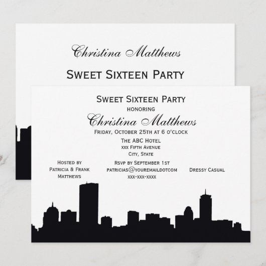 Boston Zwarte Silhouet Zoete 16 Feestje Kaart (Voorkant / Achterkant)