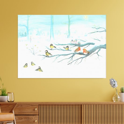 Bosvogels in de winter canvas afdruk (Insitu (Woonkamer))