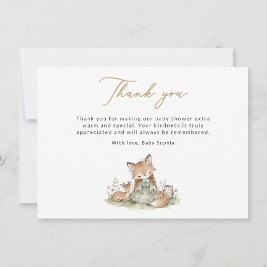 Bosvos meisje babyshower bedankkaart (Voorkant)