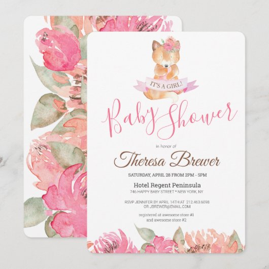 Bosvos Roze Waterverf Bloemen Baby Shower Kaart (Voorkant / Achterkant)