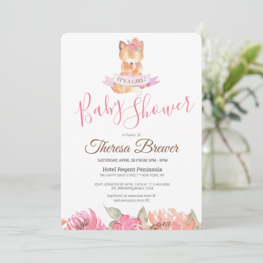 Bosvos Roze Waterverf Bloemen Baby Shower Kaart (Staand voorkant)