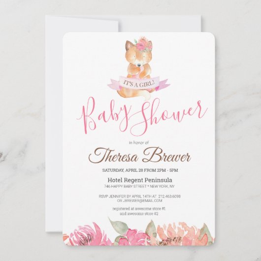 Bosvos Roze Waterverf Bloemen Baby Shower Kaart (Voorkant)