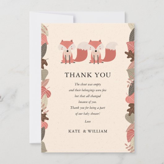 Bosvos Tweeling Baby Shower Bedank Gedicht Bedankkaart (Voorkant)