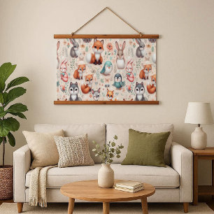 Bosvos Vos Konijn Aquarel Boho Houten Wandtapijt Hangend Wandkleed