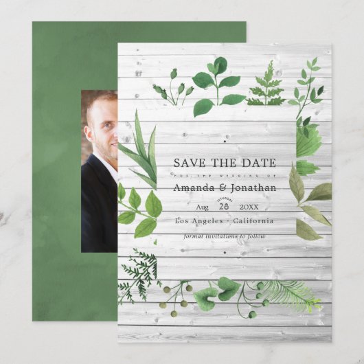 Boswachtersbos groen rustiek trouwfoto save the date (Voorkant / Achterkant)