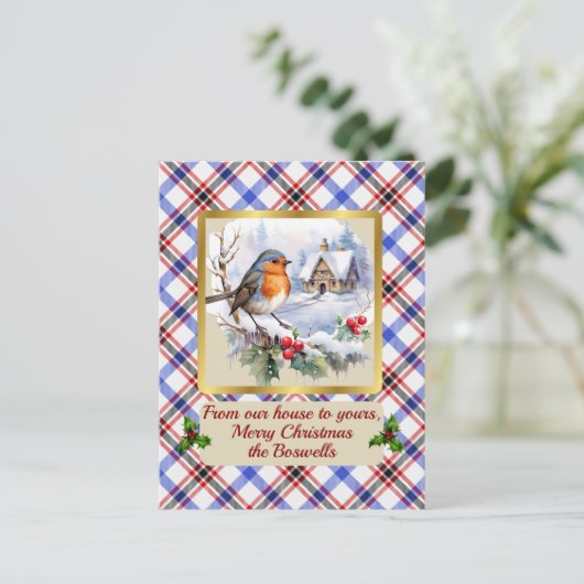 Boswell Crest & Tartan w/Robin gepersonaliseerd Feestdagenkaart (Staand voorkant)