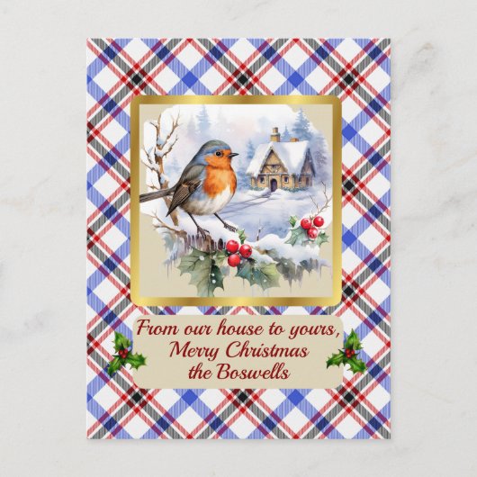 Boswell Crest & Tartan w/Robin gepersonaliseerd Feestdagenkaart (Voorkant)