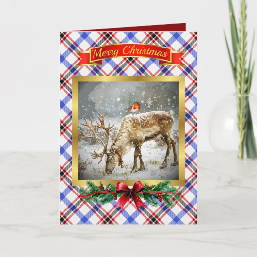 Boswell Stag & Robin Tartan gepersonaliseerd Feestdagen Kaart (Voorkant)