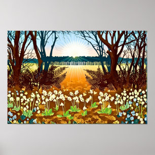 Boszonsondergang en wilde bloemen poster