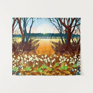 Boszonsondergang en wilde bloemen wandkleed