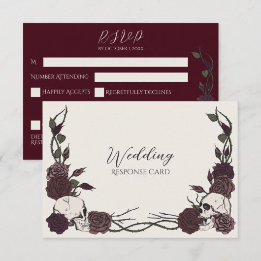 Bot & Burgundy Schedel Bloem Bruiloft RSVP Save The Date (Voorkant / Achterkant)