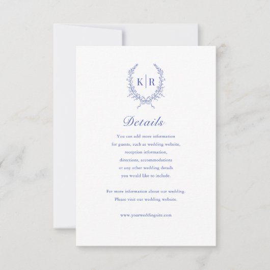 Botaniacal Crest Monogram Bruiloft Details Kaart (Voorkant)