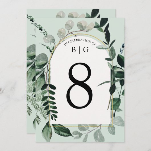 Botanic Greenery sage green bruiloft table number Menu (Voorkant / Achterkant)