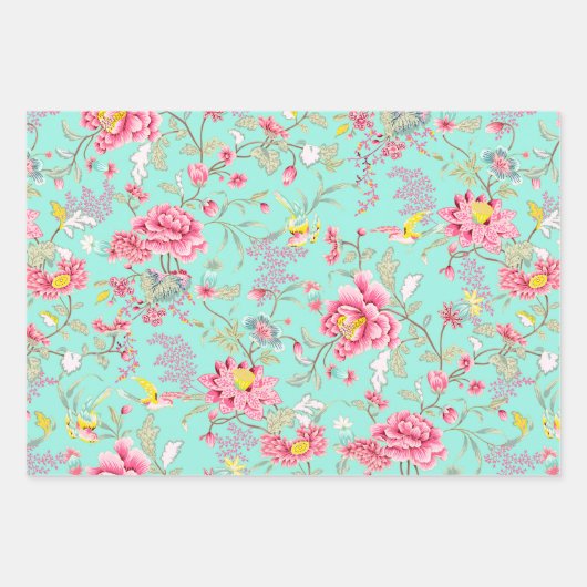 Botanic Japanese Flower Pattern Turquoise Inpakpapier Vel (Voorkant)