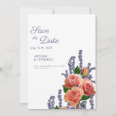 Botanic lavender peach rose flowers Save the Date  Kaart (Voorkant)