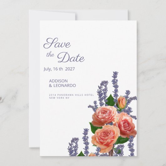 Botanic lavender peach rose flowers Save the Date  Kaart (Voorkant)