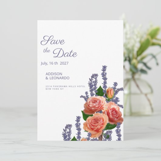 Botanic lavender peach rose flowers Save the Date  Kaart (Staand voorkant)