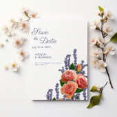 Botanic lavender peach rose flowers Save the Date  Kaart