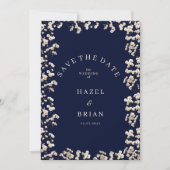 Botanic navy blue ivory gypsophila Save the Date Kaart (Voorkant)