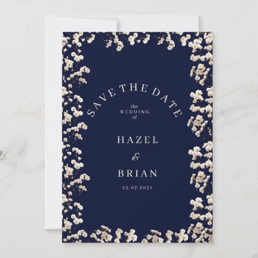 Botanic navy blue ivory gypsophila Save the Date Kaart (Voorkant)