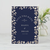 Botanic navy blue ivory gypsophila Save the Date Kaart (Staand voorkant)