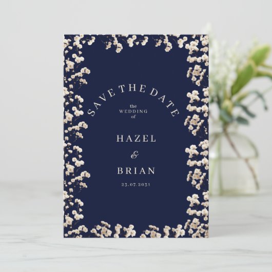 Botanic navy blue ivory gypsophila Save the Date Kaart (Staand voorkant)