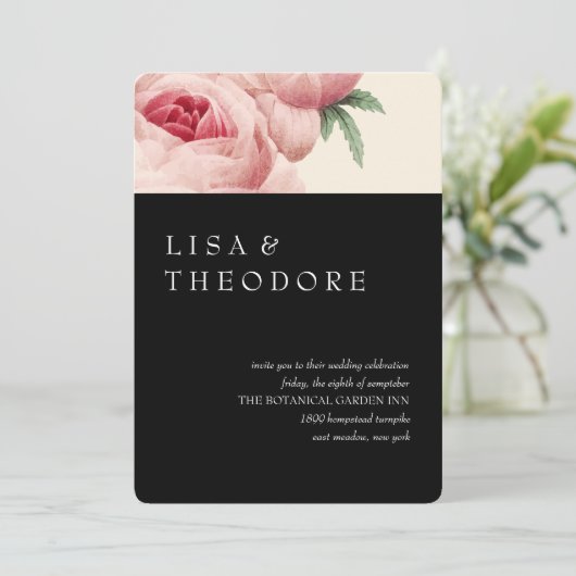 Botanica | Black Vintage Wedding Kaart (Staand voorkant)