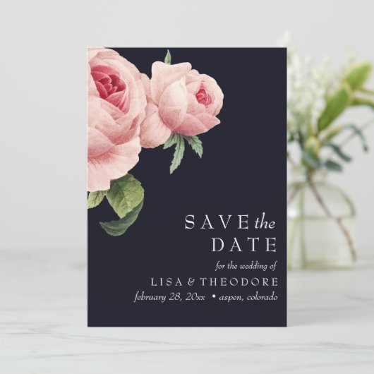 Botanica | Blauw  roze roos SAVE THE DATE Kaart (Staand voorkant)