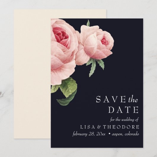 Botanica | Blauw  roze roos SAVE THE DATE Kaart (Voorkant / Achterkant)