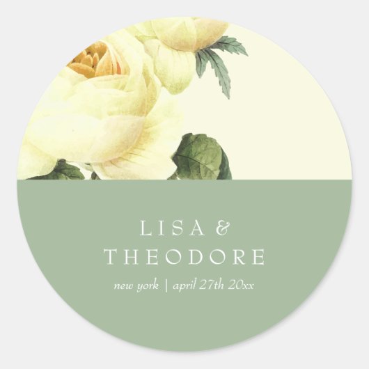 Botanica | Geel en Sage  Bloemenbruiloft Ronde Sticker (Voorkant)
