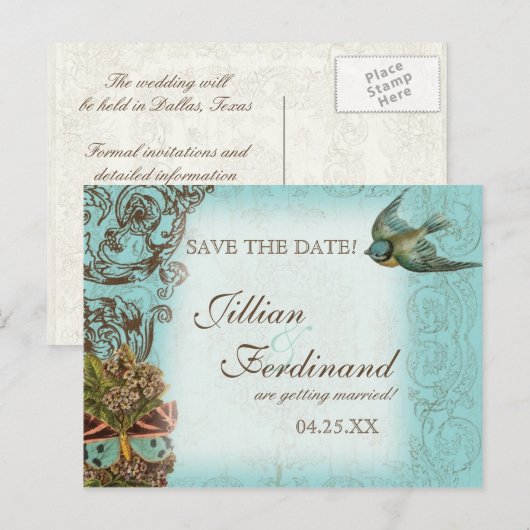 Botanica Wedding Briefkaart Save the Date - Blue (Voorkant / Achterkant)