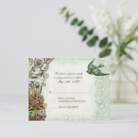 Botanica Wedding RSVP Response Kaart - Blue Green (Staand voorkant)