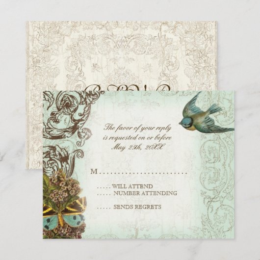 Botanica Wedding RSVP Response Kaart - Blue Green (Voorkant / Achterkant)