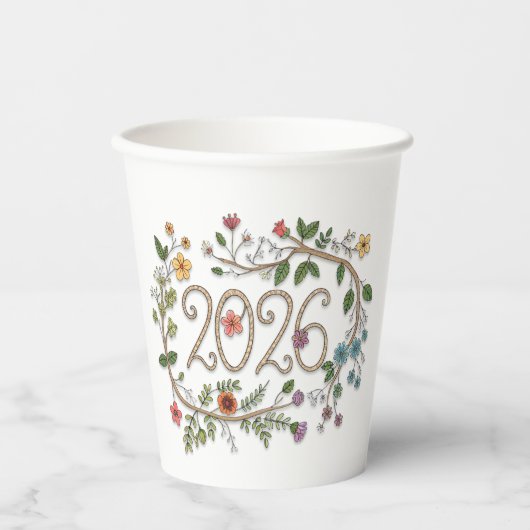 Botanical 2026 Typography with Flowering Vines Papieren Bekers (Voorkant)
