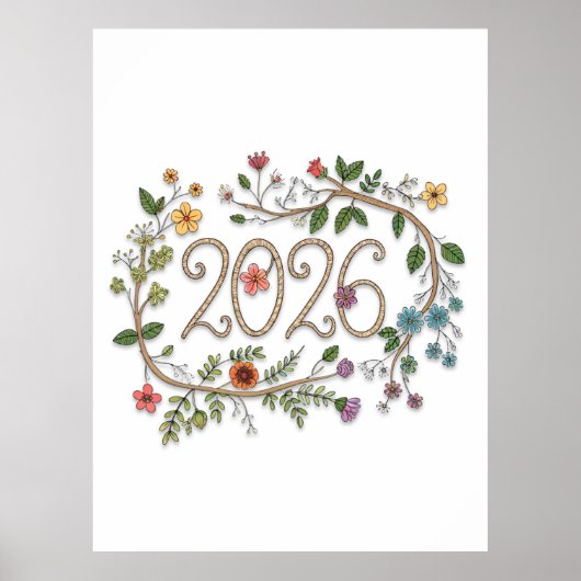 Botanical 2026 Typography with Flowering Vines Poster (Voorkant)