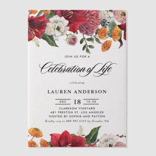 Botanical Amaryllis and Mums Celebration of Life Vellum Uitnodigingen (Voorkant)