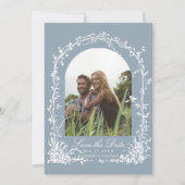 Botanical Arch Garden Dusty Blue Wedding Photo Save The Date (Voorkant)