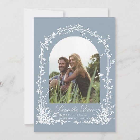 Botanical Arch Garden Dusty Blue Wedding Photo Save The Date (Voorkant)