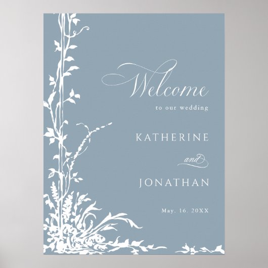 Botanical Arch Garden Dusty Blue Wedding Welcome Poster (Voorkant)