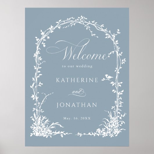 Botanical Arch Garden Wedding Dusty Blue Welcome Poster (Voorkant)