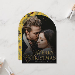 Botanical Arch Photo Gold Christmas Holiday Card Kaart