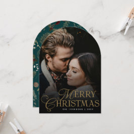 Botanical Arch Photo Green Christmas Holiday Card Kaart