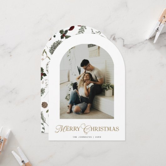 Botanical Arch Photo Merry Christmas Holiday Card Kaart (Voorkant / Achterkant in situ)