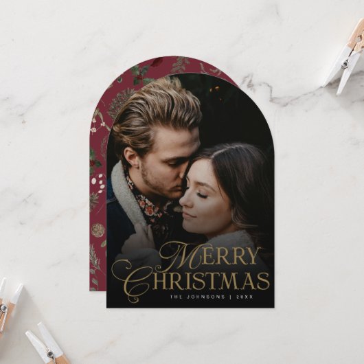 Botanical Arch Photo Red Christmas Holiday Card Kaart (Voorkant / Achterkant in situ)