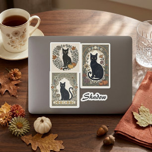 Botanical Black Cat 3 Foto's Naam Vintage Haloween Sticker