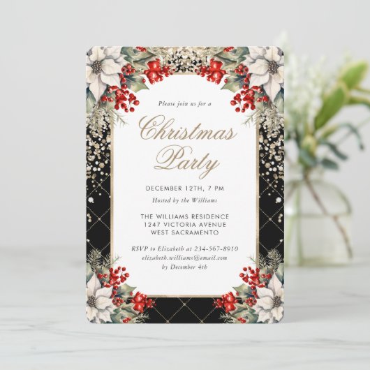 Botanical Black Gold Elegant Christmas Party Kaart (Staand voorkant)