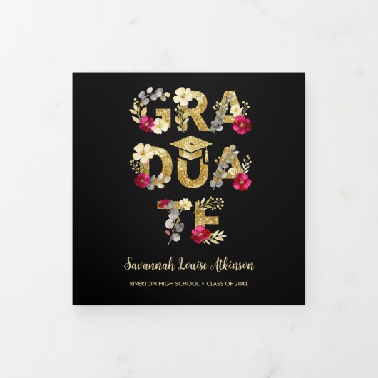 Botanical Black Gold Script 4 Photo Graduation Drieluik Aankondiging (Cover)